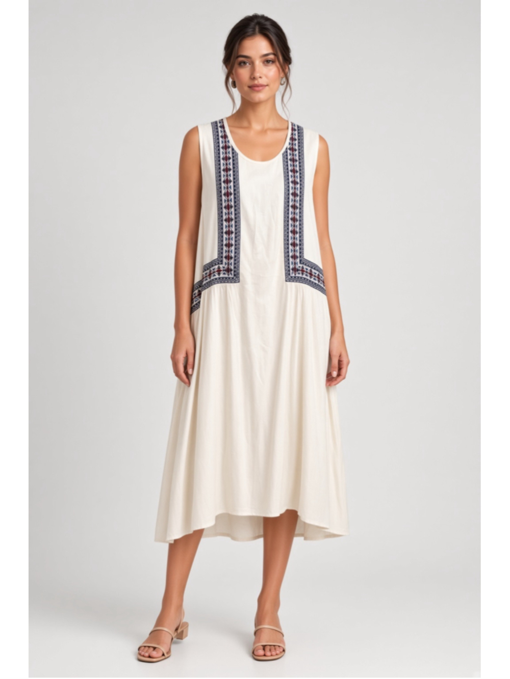 Old Navy Cream Embroidered Geo Midi Dress Sleeveless Boho Swing Dress Size XL